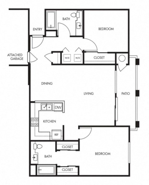 Floor plan for 2 beds, 2 baths, 1005 sqft